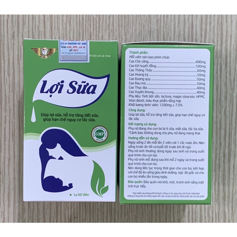 LỢI SỮA Kingphar ( hộp 60 viên) - Giúp tăng tiết sữa, hạn chế tắc sữa,bồi bổ cơ thể, phục hồi nâng cao sức khỏe sản phụ.