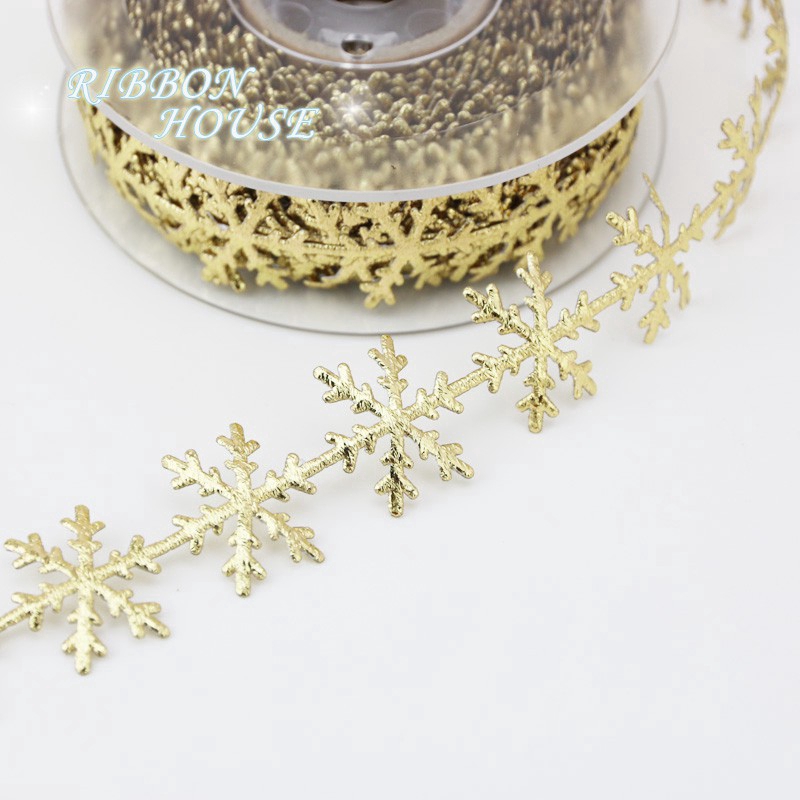 (Cuộn 10m / Cuộn Dây Ruy Băng Ren Hoa Tuyết Màu Bạc / Vàng Trang Trí Giáng Sinh