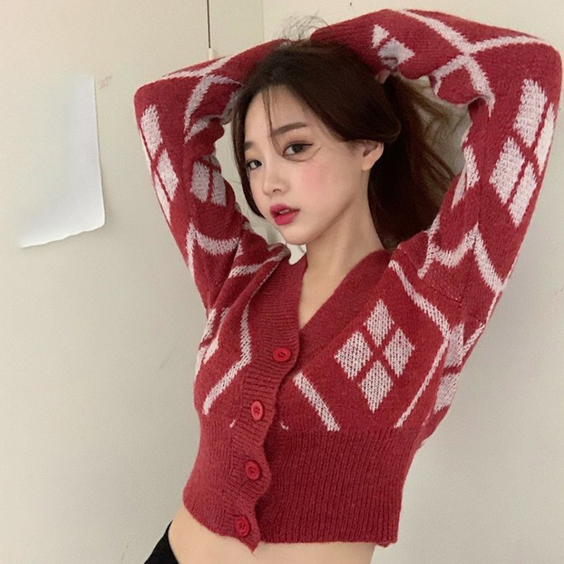 Áo Cardigan Dệt Kim Tay Dài Cổ Chữ V Ôm Eo Đính Đá Kiểu Retro Hàn Quốc Thời Trang Cho Nữ