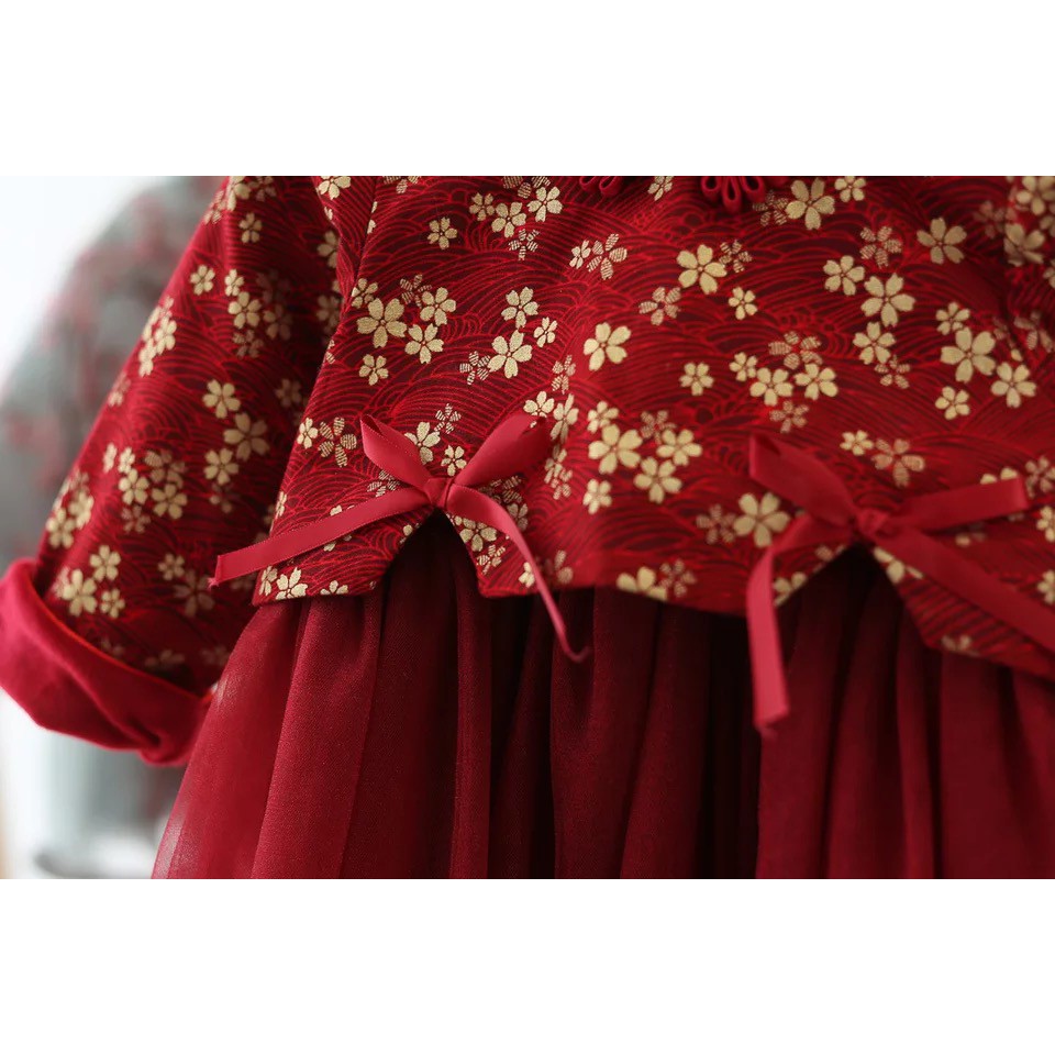 Váy đầm nhung đỏ bé gái thu đông