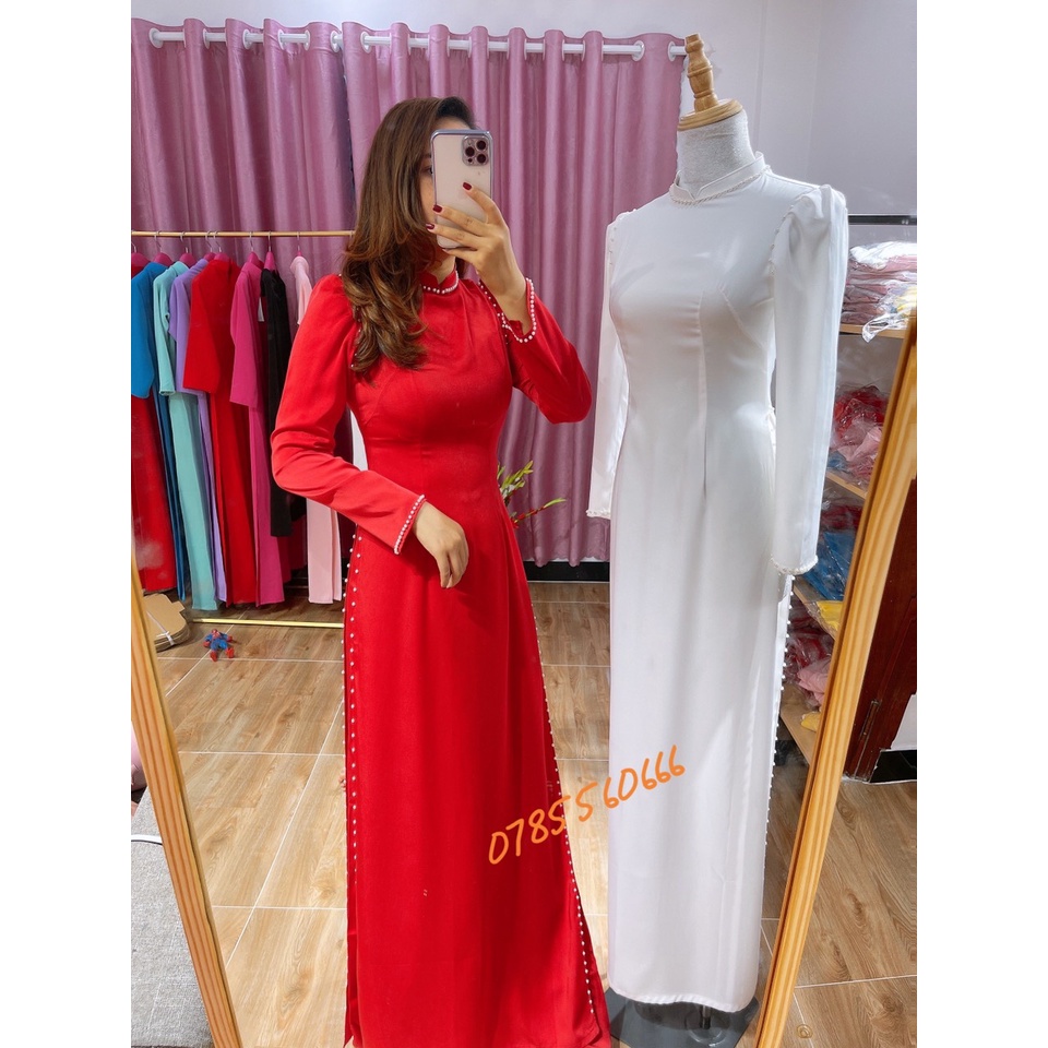 𝐌𝐀𝐑𝐈𝐀 ÁO DÀI CÔ DÂU MÀU TRẮNG LỤA TAY BỒNG