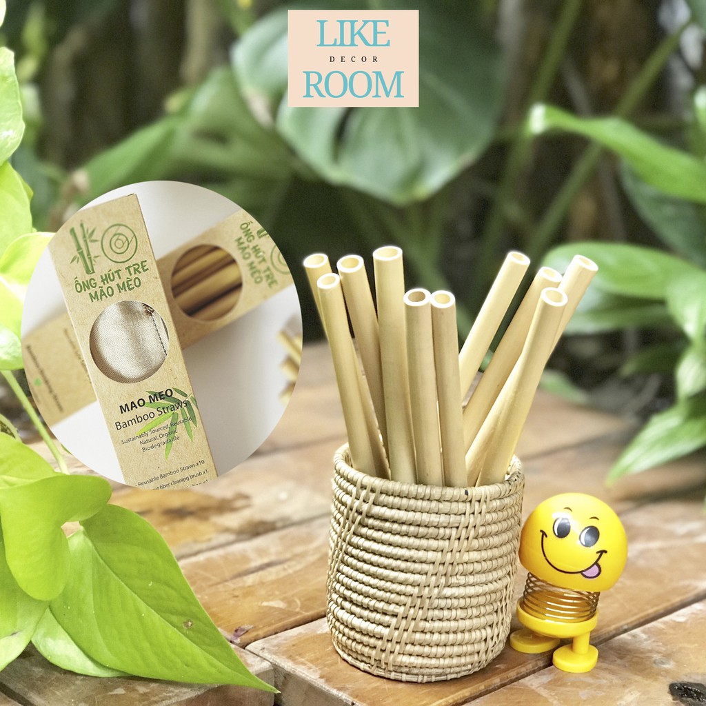 Ống hút tre xuất khẩu | Hộp 10 ống kèm cọ rửa và túi đựng Mão Mèo Bamboo Straws.