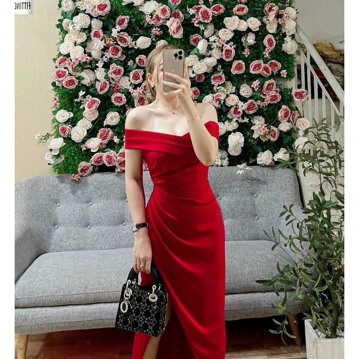 Đầm maxi bẹt vai xẻ đùi TRIPBLE T DRESS chất phi thun lụa - MS240Y