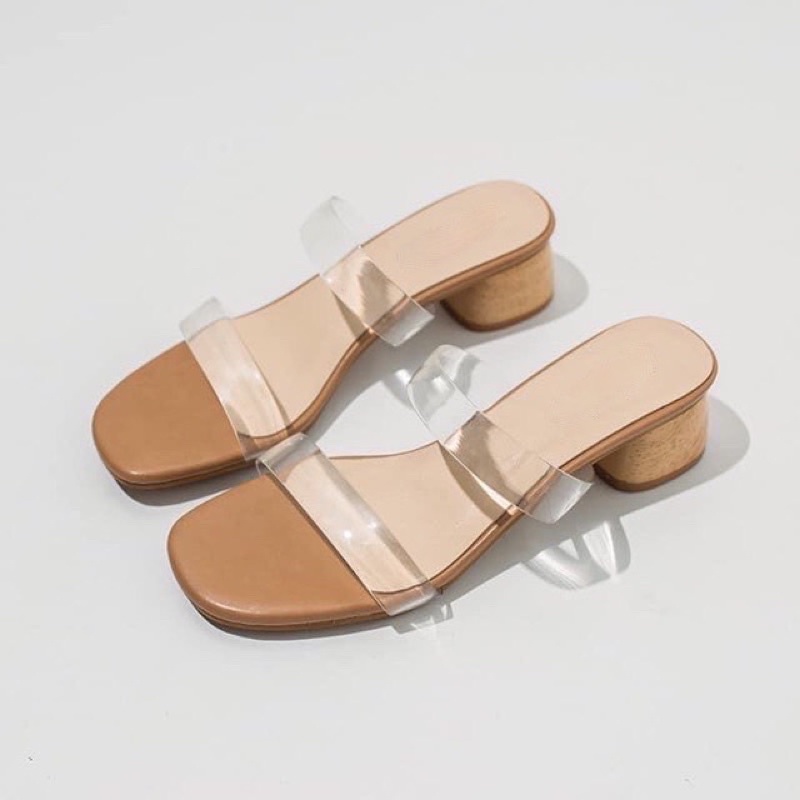 Guốc cao gót, dép cao gót vuông giả gỗ 4cm quai trong dày 2 dây ngang