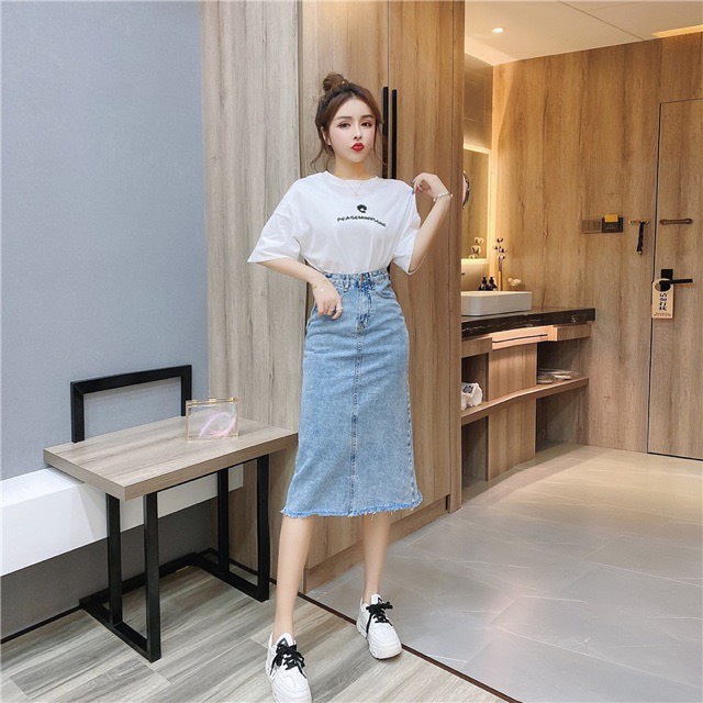 Chân váy bò nữ xẻ sau, chân váy bò nữ dáng dài