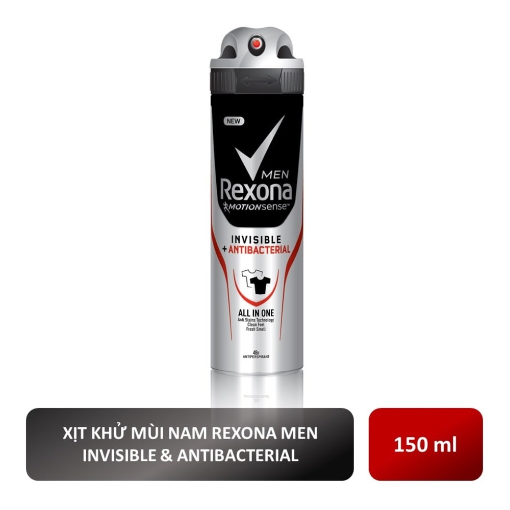 Xịt Khử Mùi Rexona Men Invisible &amp; Antibacterial Kháng Khuẩn và Ngăn Vết Ố Vàng Dành Cho Nam 150ml