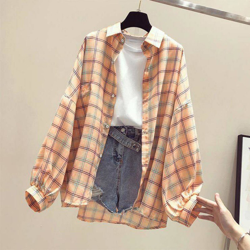 Áo kiểu cổ bẻ tay dài hoạ tiết sọc ca-rô cho phái nữ