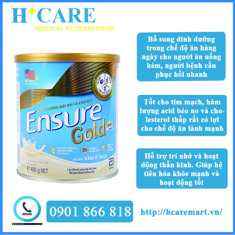Sữa Bột Ensure Gold ( hương Vani ít ngọt) - 400g - Dinh Dưỡng Đầy Đủ Giúp Tăng Cường Sức Khỏe