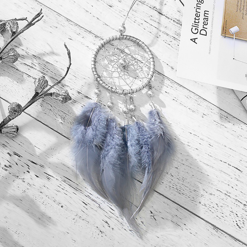 Lưới giấc mơ Dreamcatcher đính lông vũ màu hồng và trắng