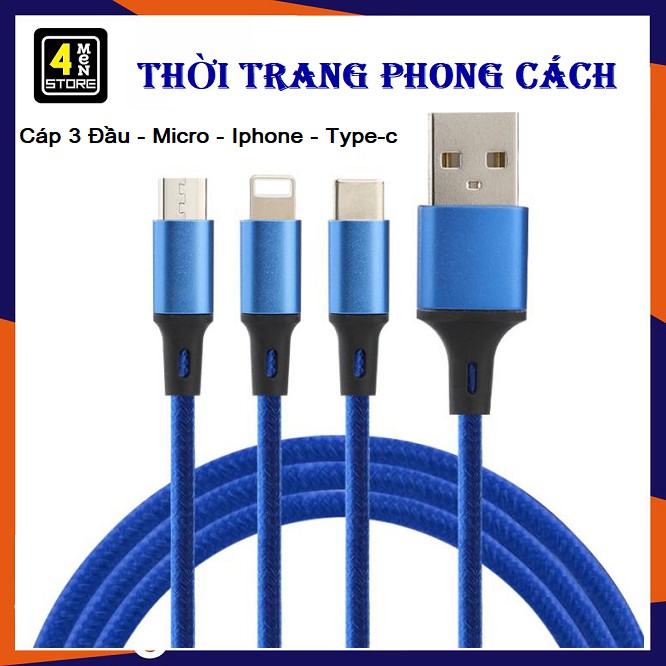 Cáp Sạc 3 Đầu Chống Rối Đứt Cho IP- Micro-Type C-Cáp Sạc Bọc Dù 3 Đầu Đa Năng 3 in 1