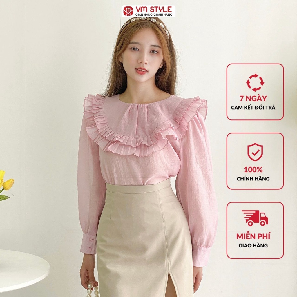 Áo sơ mi kiểu VMSTYLE tay dài phối bèo xếp ly 2 tầng công sở 030245 22SU03DH0801