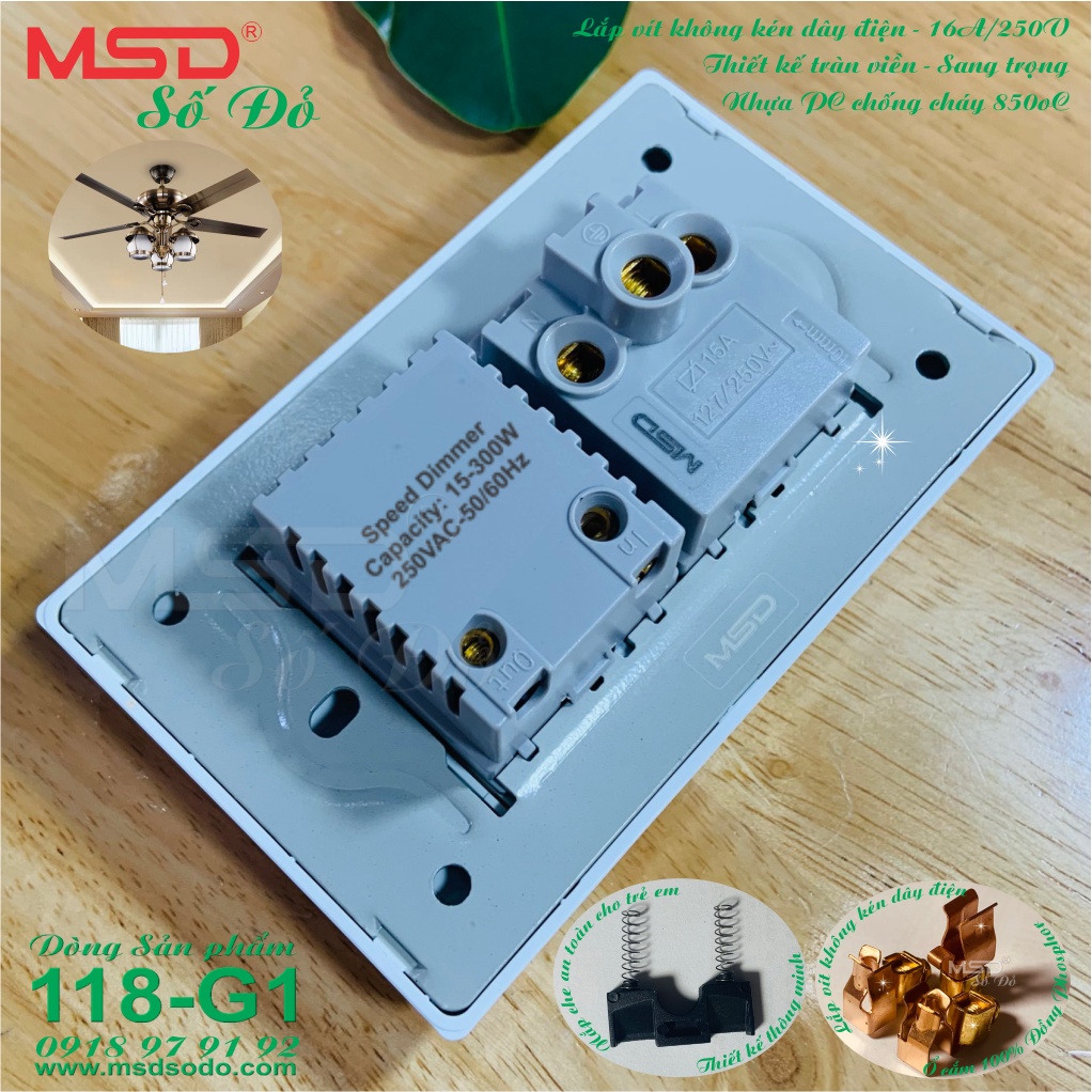 Dimmer - chiết áp - điều khiển tốc độ quạt trần và ổ cắm đơn 3 chấu âm tường - 118G1
