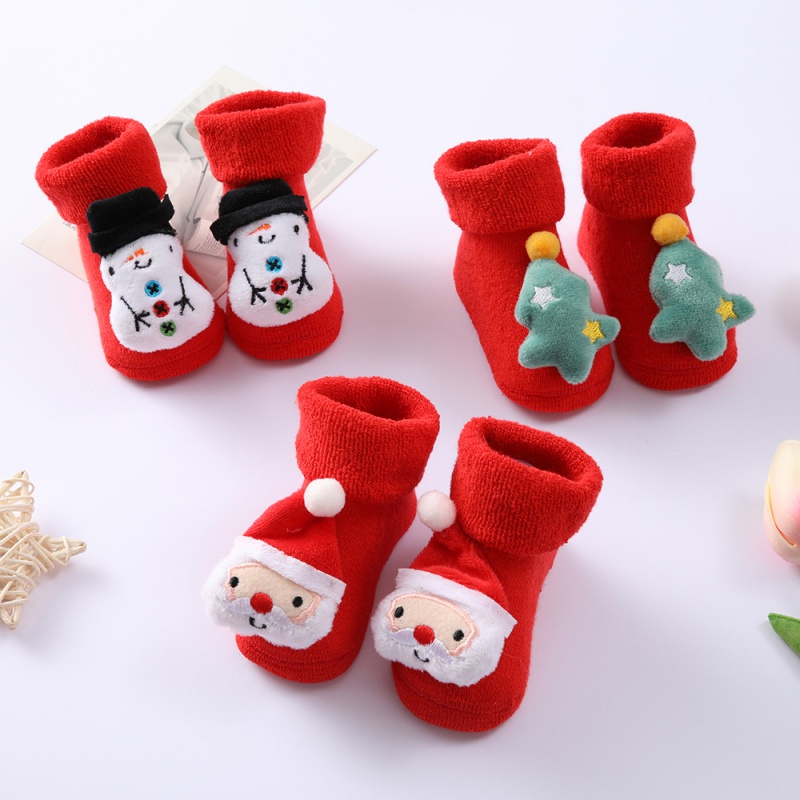 Đôi vớ bằng cotton chống trượt in họa tiết hoạt hình giáng sinh đáng yêu cho bé từ 0-1 tuổi
