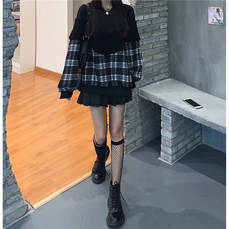 Sweater kẻ caro pha lông cừu