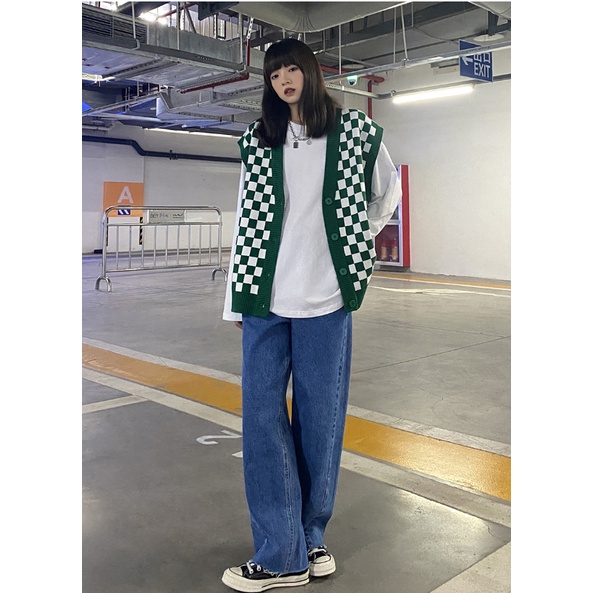 Áo khoác len không tay dáng rộng hoa văn kẻ ô dễ phối đồ thời trang hàn quốc