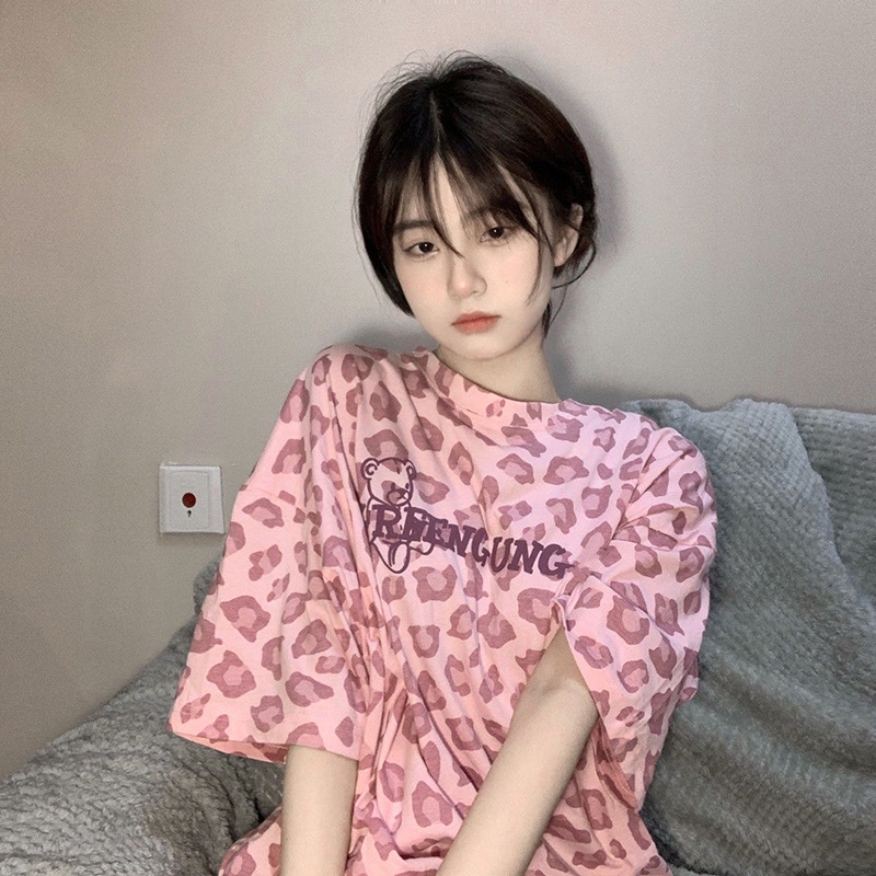 Áo Thun Tay Ngắn Dáng Rộng In Họa Tiết Da Báo Phong Cách Harajuku Hàn Quốc Thời Trang Mùa Hè Cho Nữ