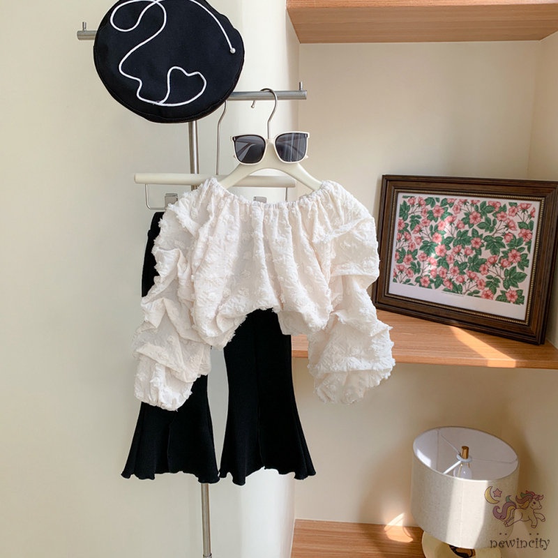 Bộ Áo Tay Phồng + Quần Ống Loe Lưng Cao Thời Trang Mùa Thu Hàn Quốc Cho Bé Gái