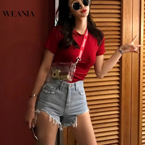 Quần Short Denim Lưng Cao Thiết Kế Lệch Tà Thời Trang Quyến Rũ Cho Nữ