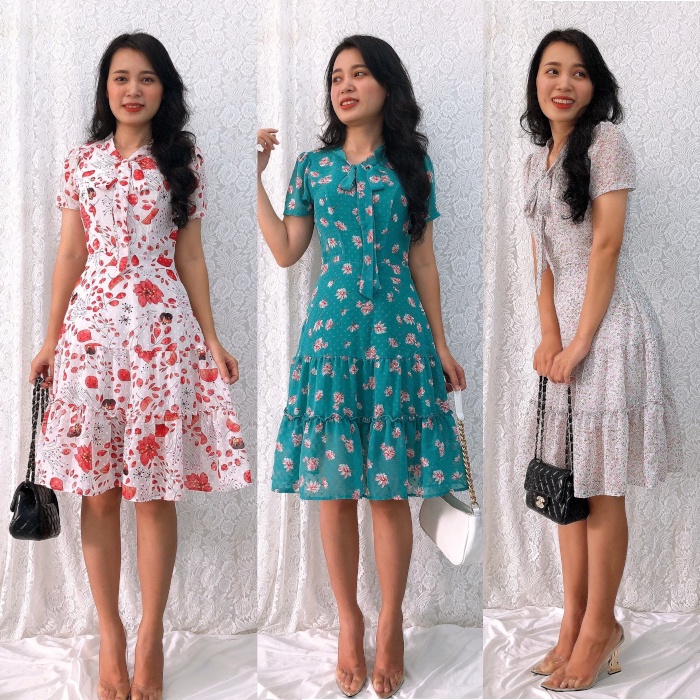 Đầm xòe S&M thắt nơ cổ, phối bèo lai siêu xinh đẹp, trẻ trung, tôn dáng GR181