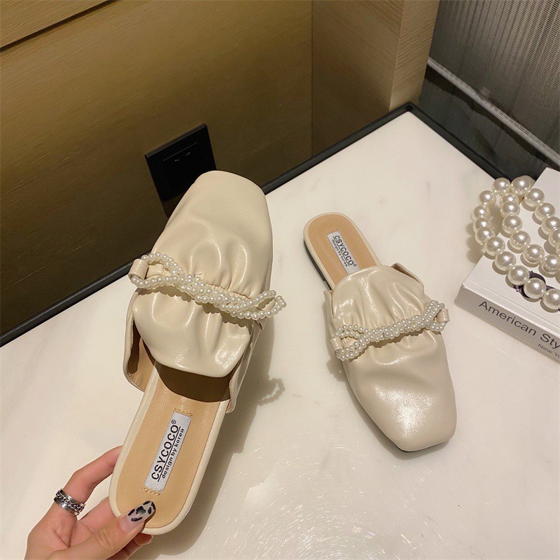 Korean-Style2021Korean Style New Sweet Pearl French Gentle Pleated Toe Cap Semi Slipper Flat Square Toe Women's Shoes