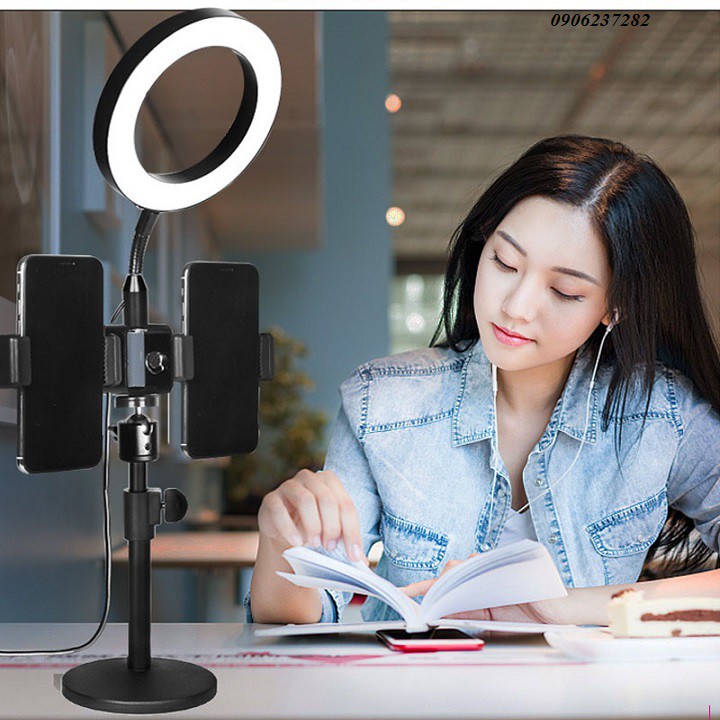Giá đỡ 2 điện thoại live tream để bàn , Led ring 14cm_RE0341