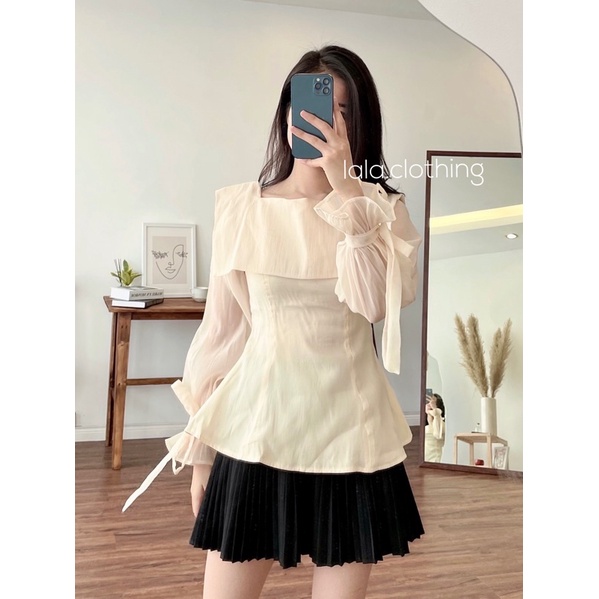 (SẴN) Lala.clothing Áo sơ mi tơ vạt thủy thủ chiết eo MD