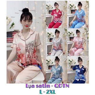 Bộ lụa satin phối thiết kế Quần dài tay ngắnhọa tiết khu phố có size dưới 70kg2
