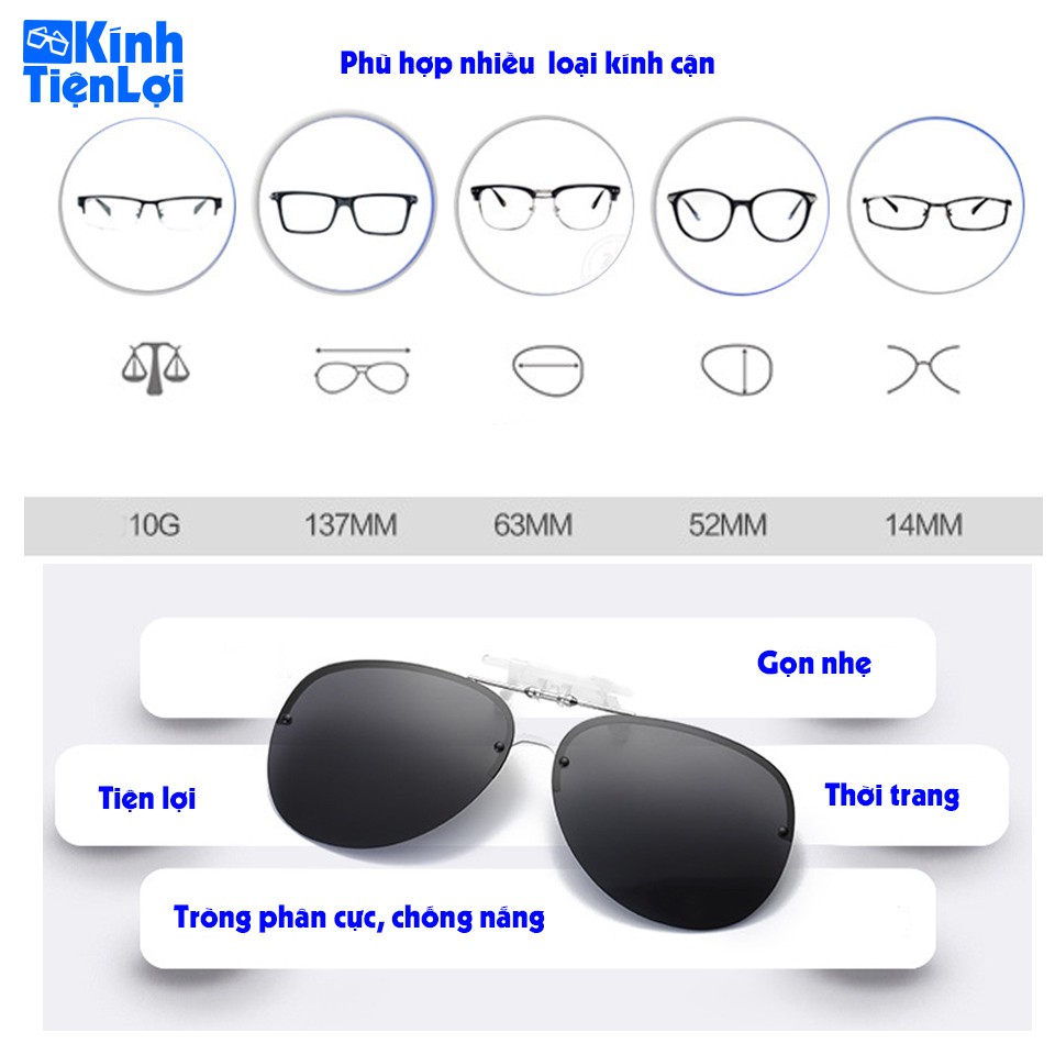 Tròng kính mát kẹp phân cực cho người cận Kính râm Kẹp kính cận Phi công