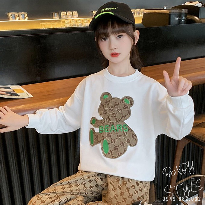 Áo thu đông dài tay bé gái "BEARS" 14-45kg cho bé gái 4-14 tuổi. Chất liệu da cá, gấu thêu đáp nổi. G47