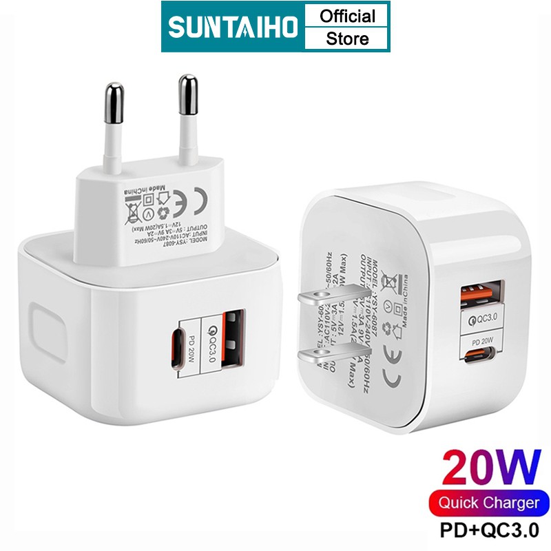 Suntaiho Dual PD 35W Bộ Sạc Nhanh QC 3.0 USB Sạc Điện Cho iPhone Android Điện Thoại Thông Minh Du Lịch Sạc Tường