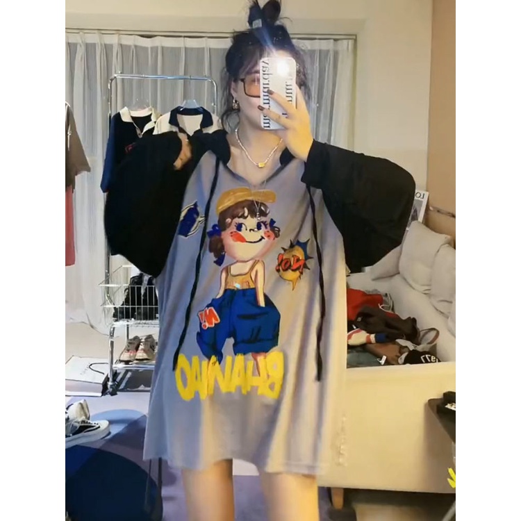 Áo Hoodie Tay Dài Dáng Rộng In Họa Tiết Hoạt Hình Phong Cách Hong Kong
