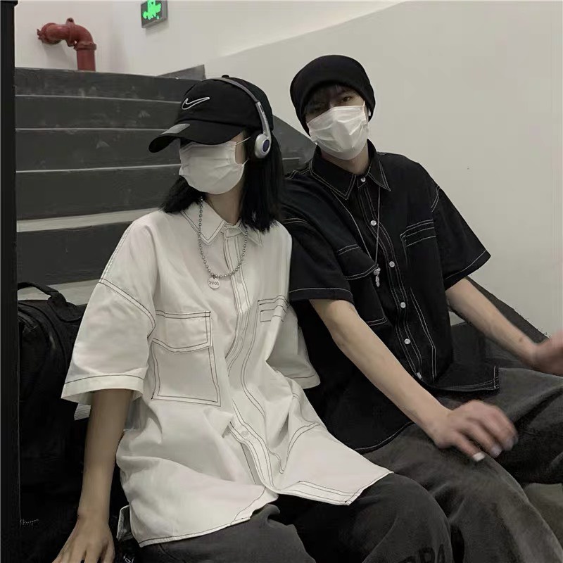 Sơ mi chỉ nổi ô vuông KA Closet chất thô dầy from dài rộng, unisex nam nữ mặc được, phong cách Hàn quốc, hot