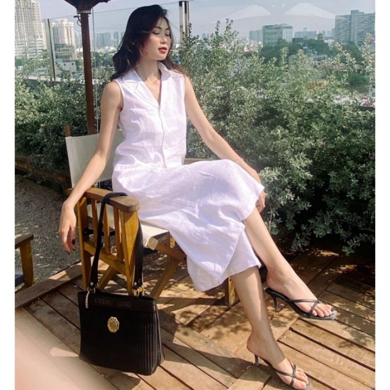 Set bộ trắng cổ sơ mi, quần ống suông chất liệu Linen_S2009