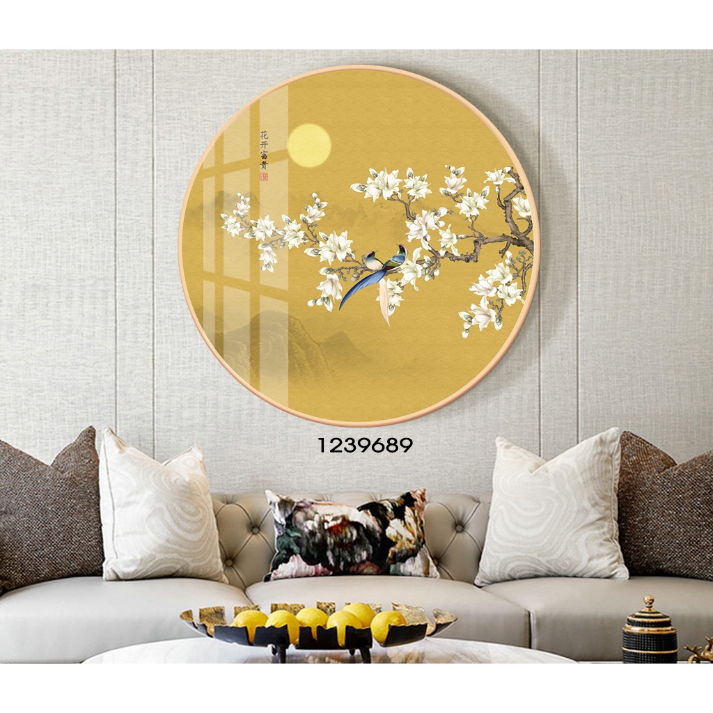 Tranh treo tường hình tròn VTC hình đôi chim trên nhành hoa ngọc lan hiện đại bóng kính hoặc vải canvas 1239689