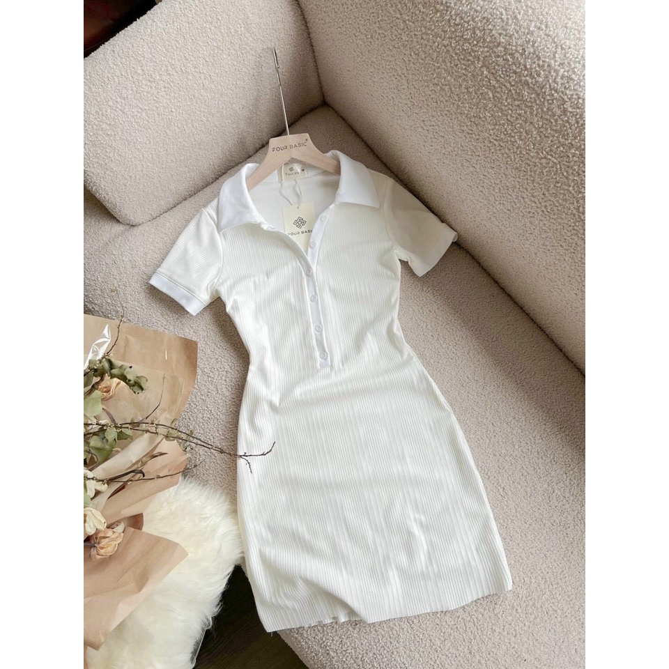 đầm body xương cá cổ trụ phối nút ngắn tay hott