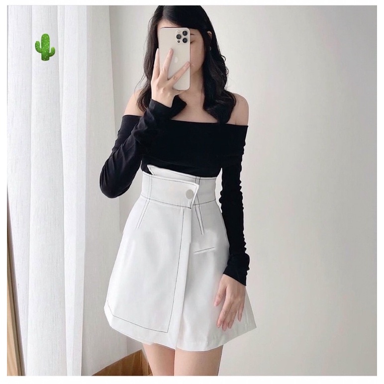 set Áo thun gân len lệch vai kèm chân váy tennis chỉ nổi hottrend 4 màu p877