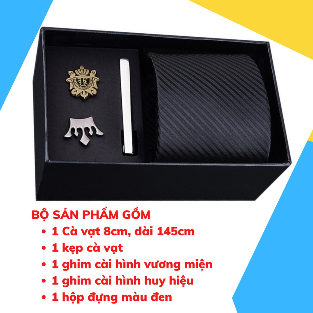 Set cà vạt bản to 8cm làm quà tặng cho Nam gồm cà vạt, kẹp cà vạt, ghim cài áo đóng hộp lịch sự CCV-19