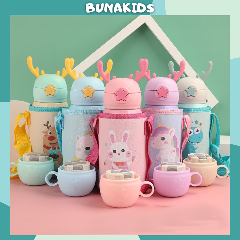 Bình nước cho bé đi học bình nước giữ nhiệt 500ml 2 lớp inox 316 cao cấp tặng kèm túi giữ nhiệt và nắp phụ Bunakids BN11