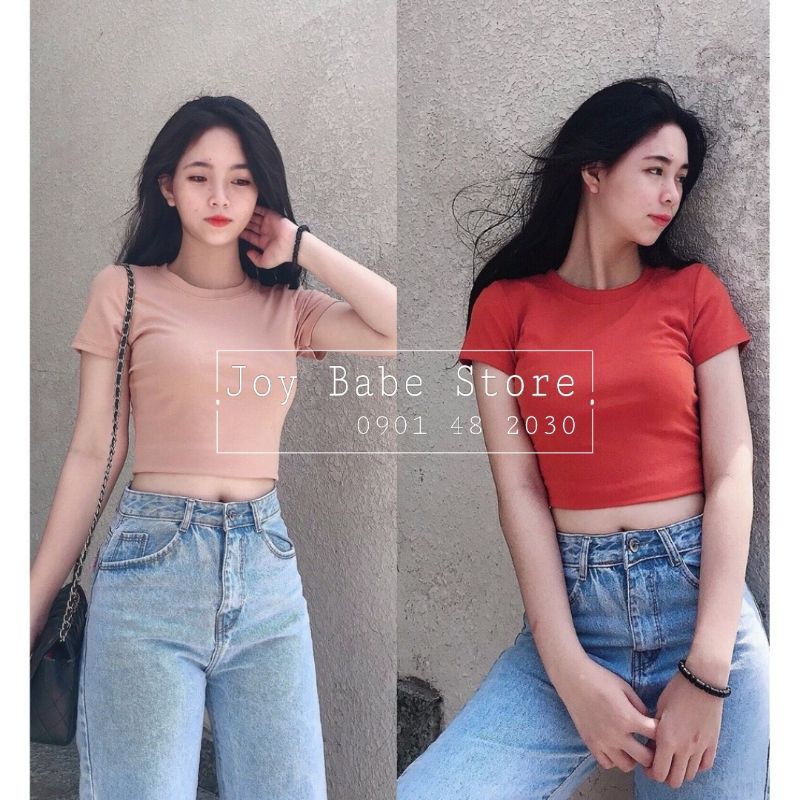 Áo croptop cổ tròn JOY BABE 🌸🖤 lên form sang đẹp, thun Forever 21 co giãn 4 chiều êm trắng đen nude neon trơn CRON 1 -4D