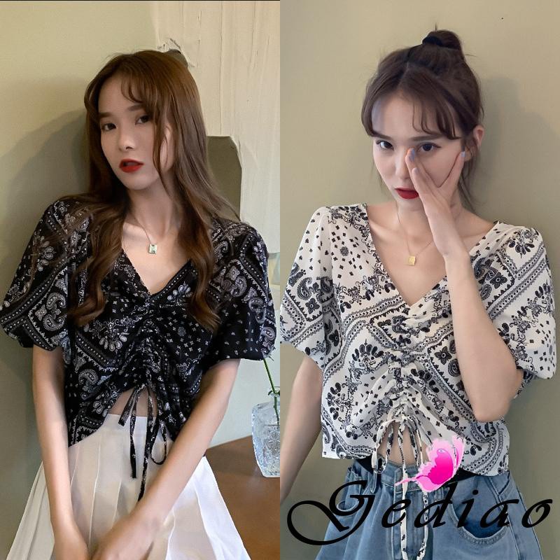 Áo Croptop Tay Ngắn Cổ Chữ V In Họa Tiết Màu Trắng / Đen Phong Cách Cổ Điển Thời Trang Cho Nữ