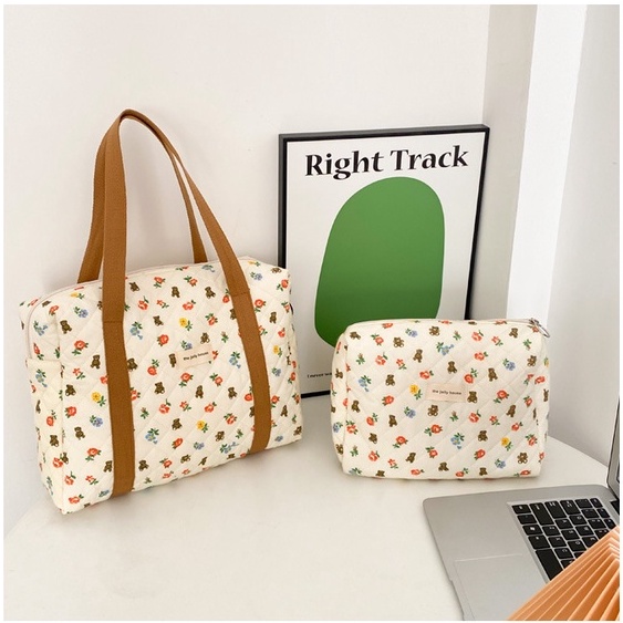 Túi Xách Mua Sắm Vải cotton Cỡ Lớn In Họa Tiết Gấu Dễ Thương Có Khóa Kéo Phong Cách Hàn Quốc
