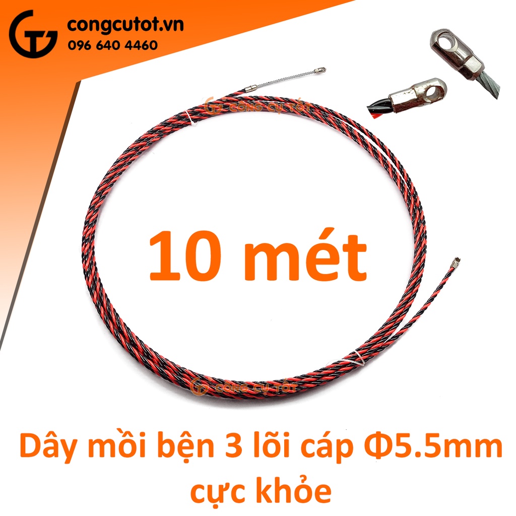 Dây mồi bện 3 lõi cáp Ø5.5mm cực khỏe vằn đỏ đen dài ( 5m, 10m 15m 20m)