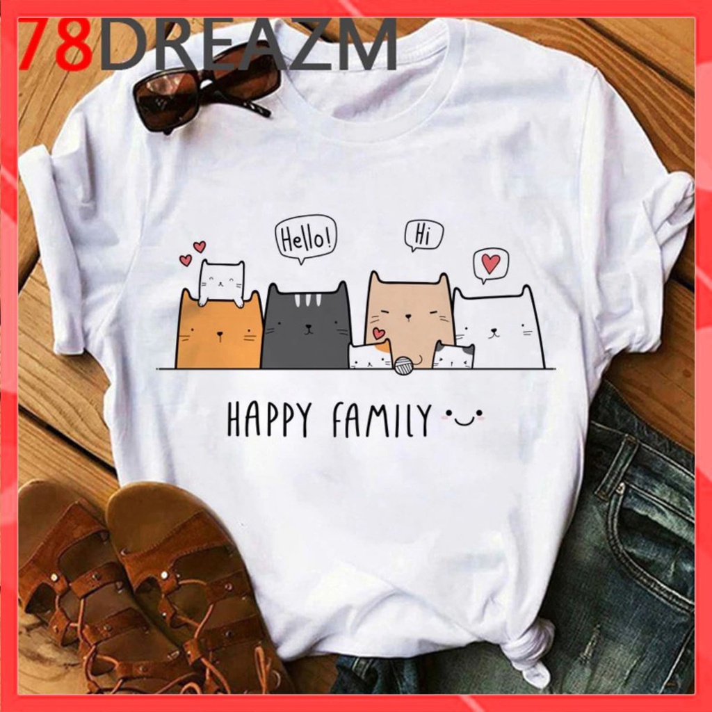 Áo thun tay lỡ Unisex Familylove - Áo phông tay lỡ nữ 4 chú Mèo HAPPY FAMILY chất liệu cotton 100% thoáng mát