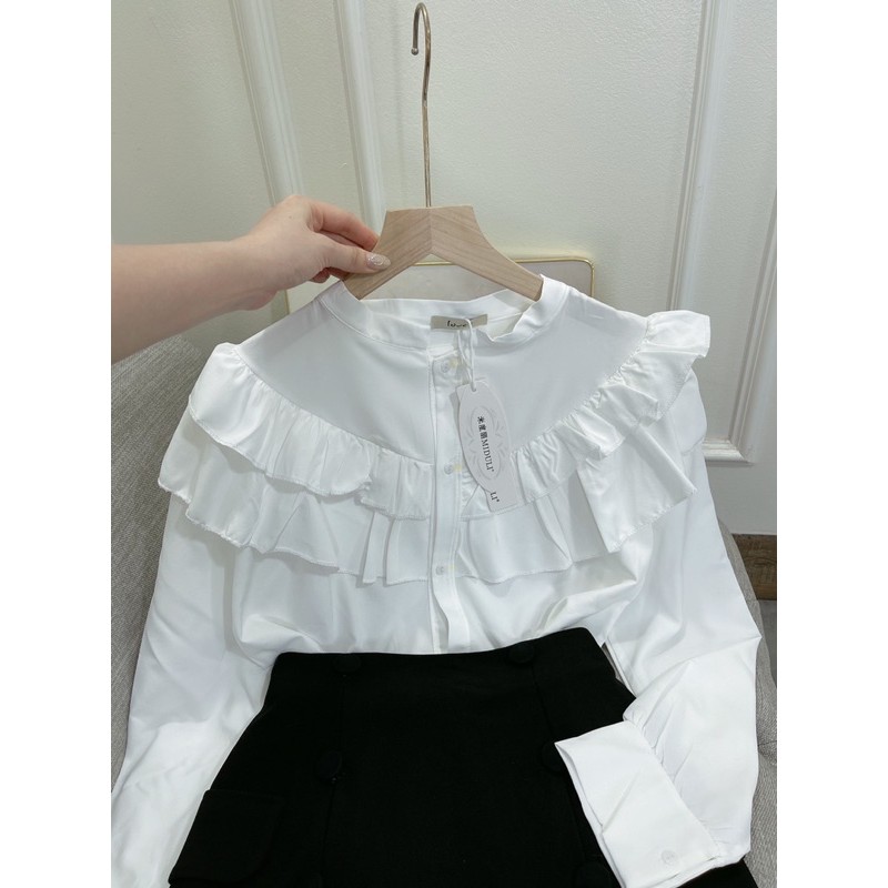 Bộ công sở áo sơ mi bèo tầng chân váy chữ A