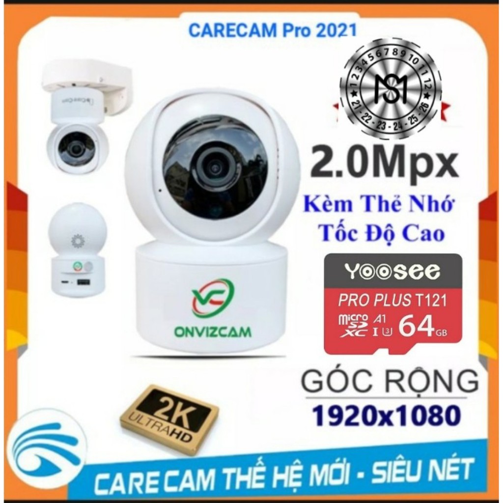 Camera wifi Carecam Phiên bản V5PRO 2.0MP, xoay 360 độ, đàm thoại 2 chiều, báo động chống trộm, app CARECAM PRO