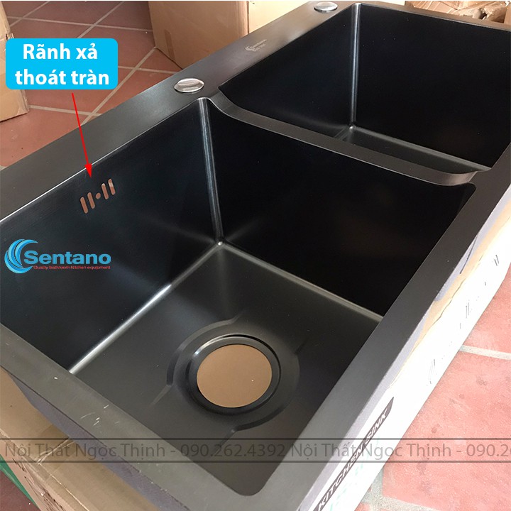 Chậu rửa chén, vòi rửa chén NANO tĩnh điện màu đen SENTANO - Chậu rửa chén 2 ngăn CÂN 82x45cm bề mặt nano tĩnh điện