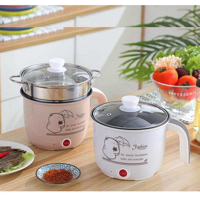 Nồi Lẩu Điện 2 Tầng Đa Năng Mini 18cm Cooking Poot - Ca Nấu Mì Có Tay Cầm Kèm Giá hấp Inox