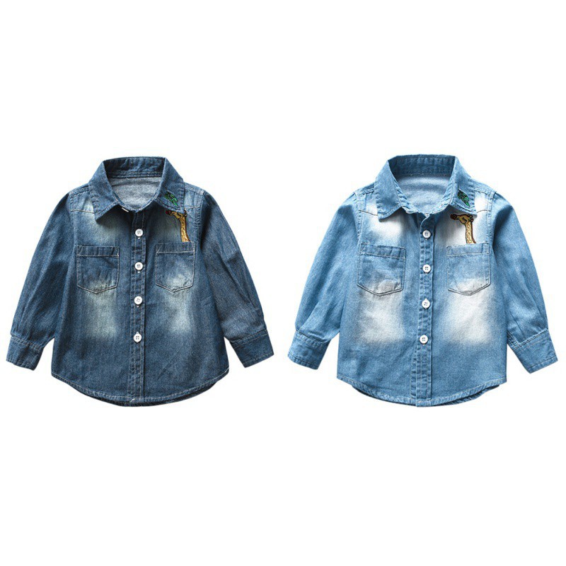Áo sơ mi denim tay dài cổ gập thêu họa tiết động vật thời trang cho bé