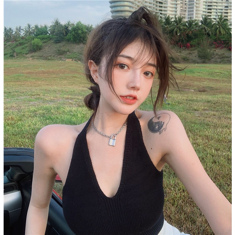 Porozi Áo croptop áo dệt kim không tay cổ yếm phong cách hàn quốc cho nữ