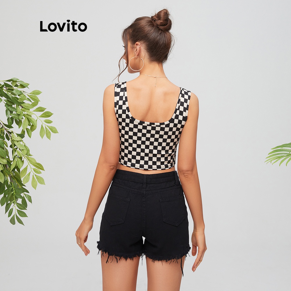 Áo tank Lovito top cổ vuông kẻ sọc caro màu đen L11D04 | BigBuy360 - bigbuy360.vn